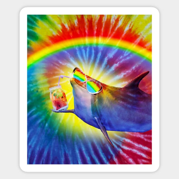 Sunglasses Dolphin On Trippy Rainbow Tie Tye Dye Sticker by Random Galaxy